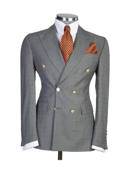 Grey Peak Lapel Double Breasted Gold Button Suit