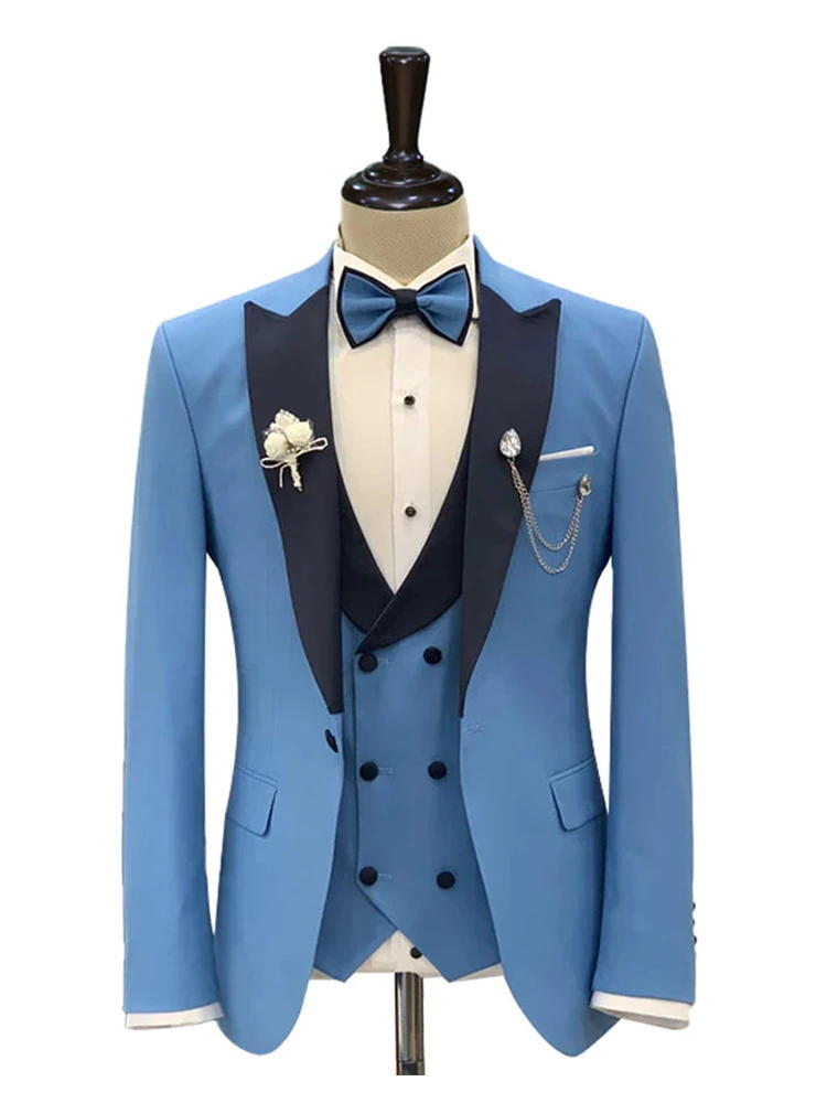 Sky Blue Slim Fit Single Breasted Wedding 3 Piece Suit