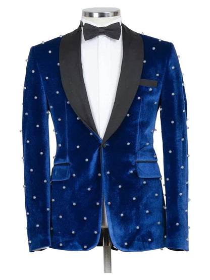 Navy Blue with Velvet Black Satin Lapel Wedding Single Breasted Suit