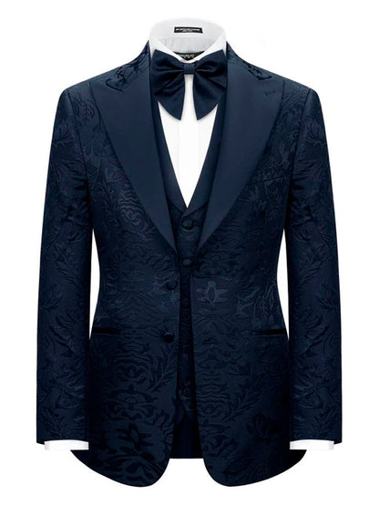 Navy Blue 3 Piece Unique Floral Wide Peak Label Modern Fit Tuxedo