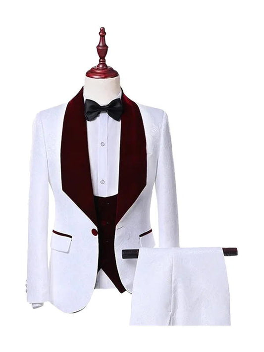 White 3 Piece Burgundy Lapel Jacquard Prom Suit For Groom