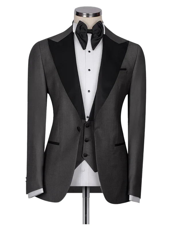 Classic Grey with Black Lapel 3 Pieces Slim Fit Prom Men Suits