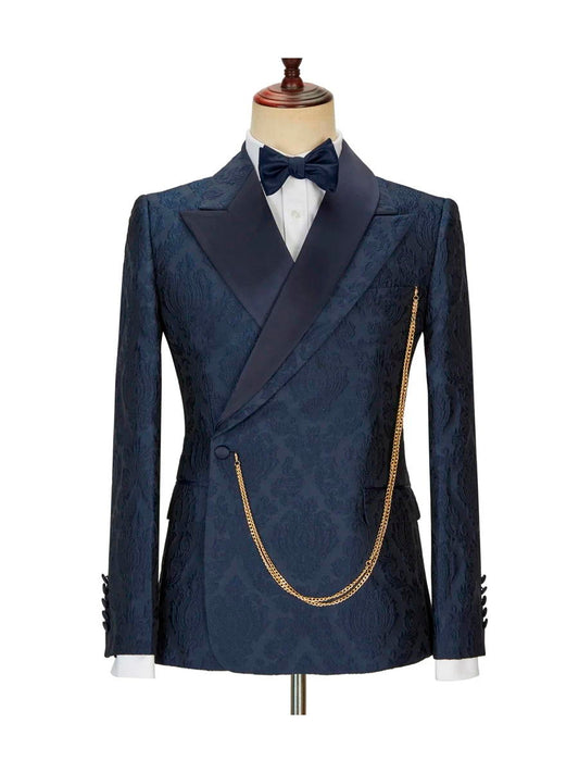 Navy Blue 2 Piece Slim Fit Jacquard Peaked Lapel Wedding Suits