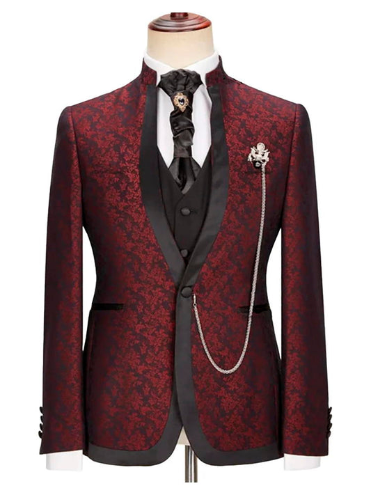 Burgundy Jacquard  3 Piece Wedding Suit with Special Lapel