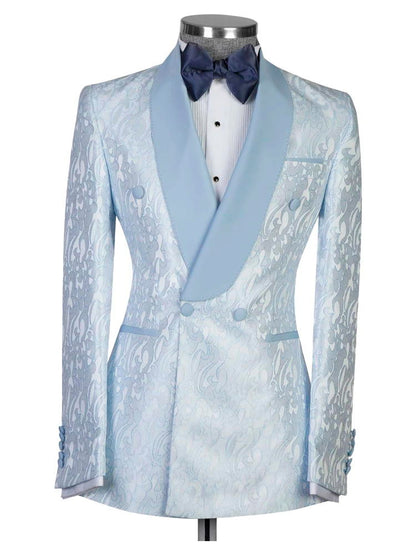 Blue Jacquard Double Breasted Shawl Lapel Suit