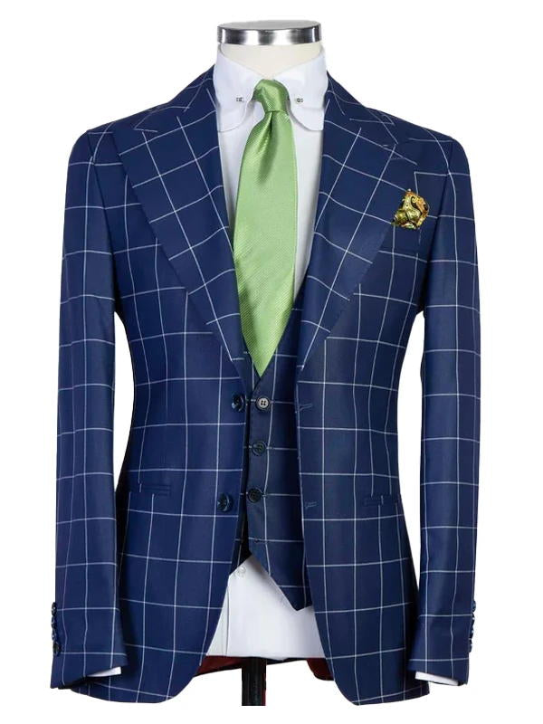 Navy Blue Plaid Peak Lapel Single Breasted 3 Pieces Suits