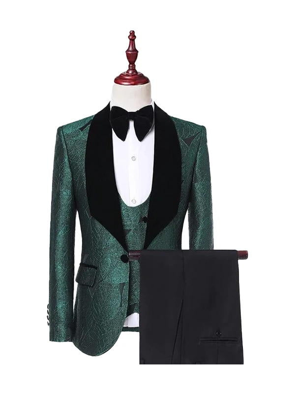 Green Shawl Lapel Suit With Black Velvet Lapel