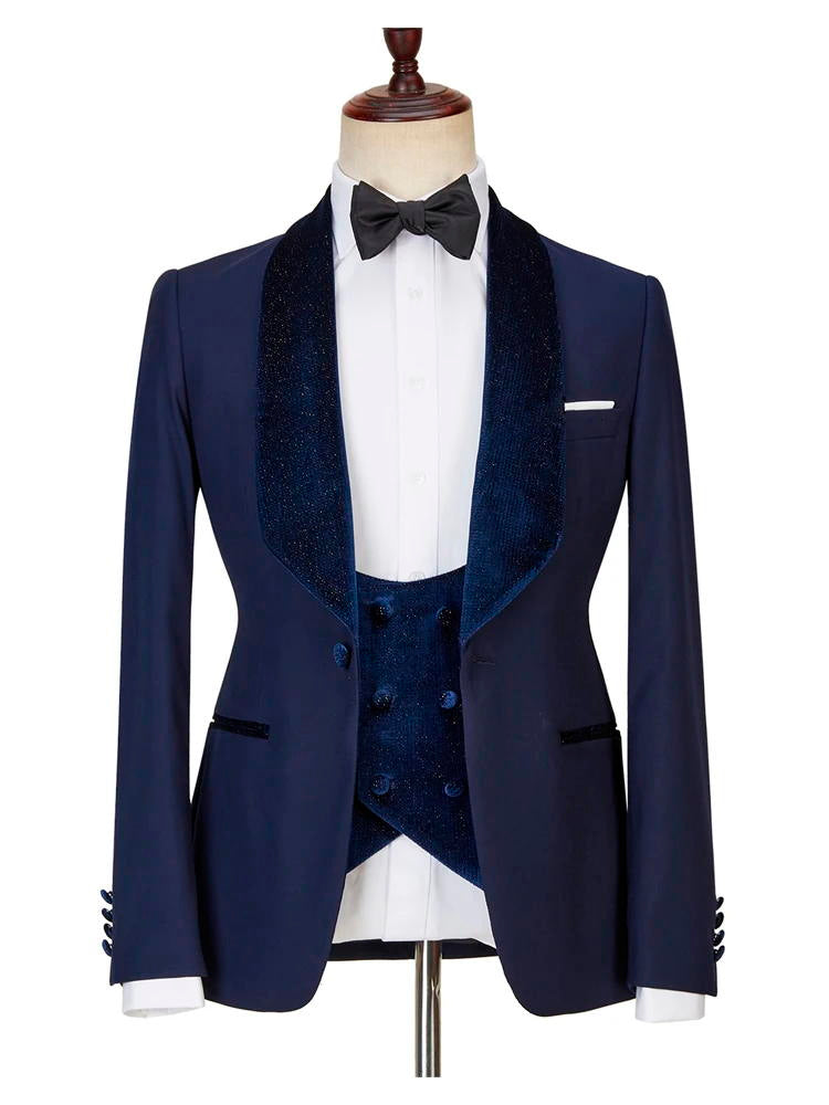 Navy Blue Best Fitted Three Pieces Sparkle Suits