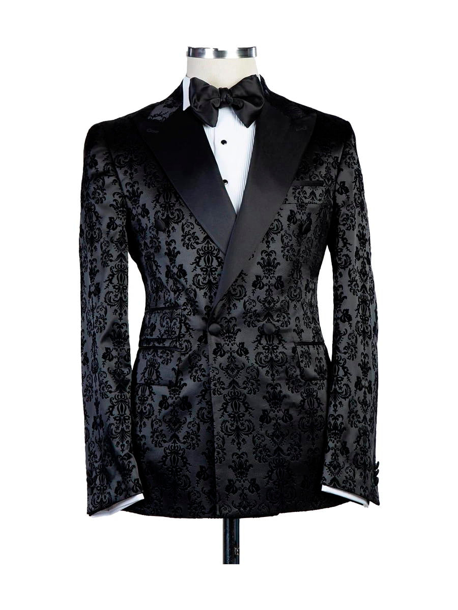 Black 2 Piece Floral Jacquard Peak Lapel Dinner Tuxedo