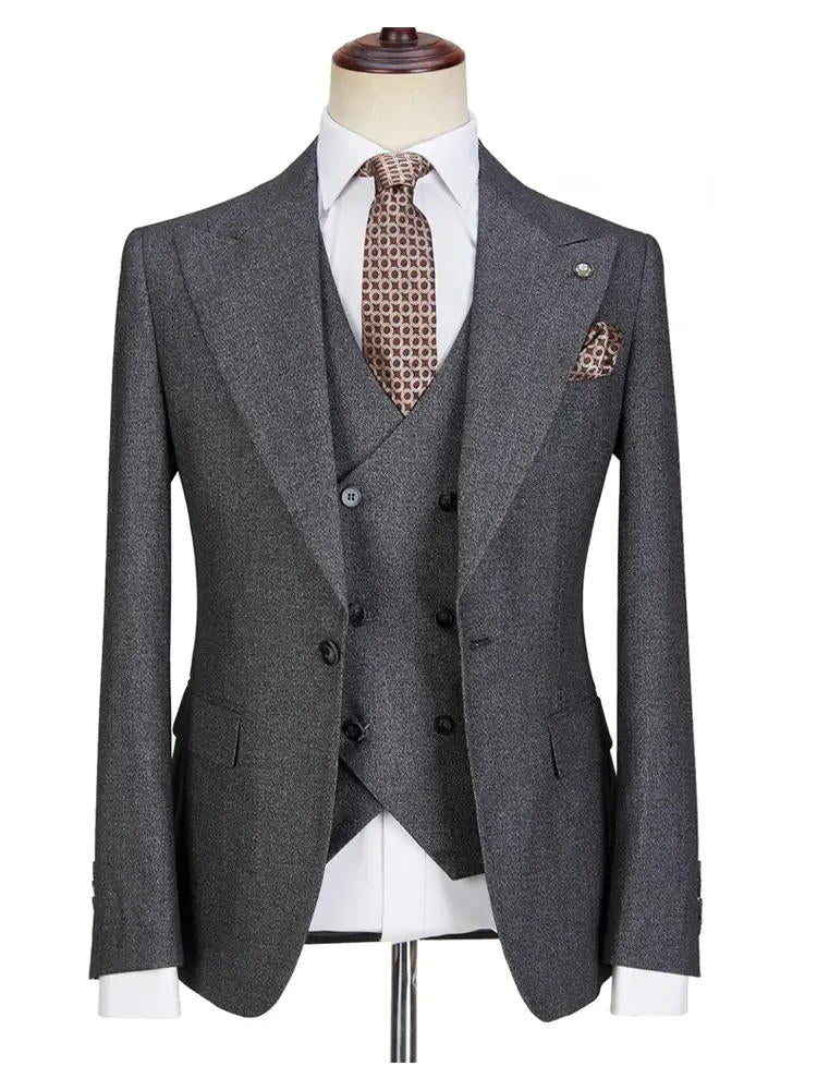 Grey Casual Peak Lapel Single Breasted Suit