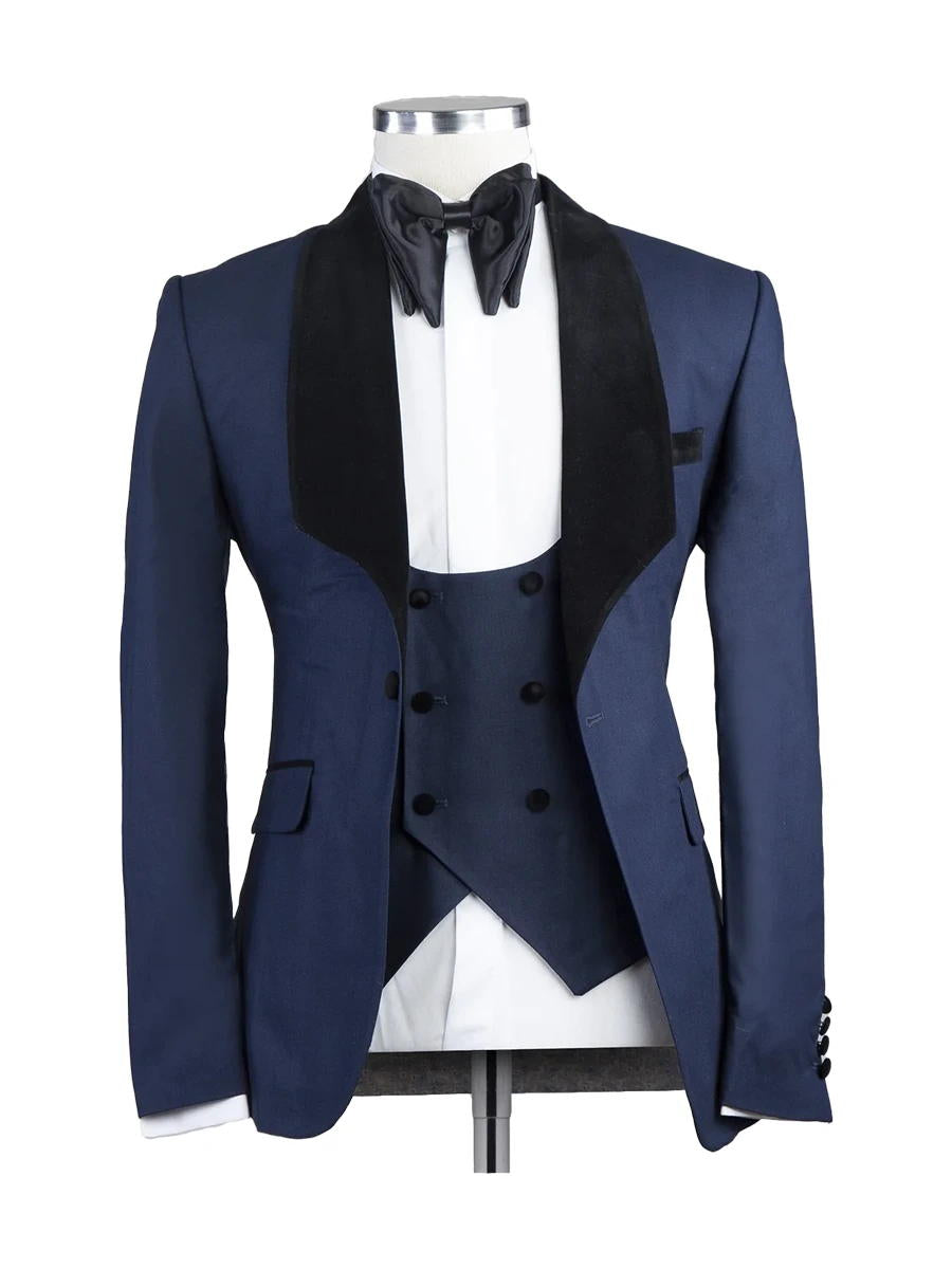 Navy Blue 3 Piece Black Satin Lapel Suits