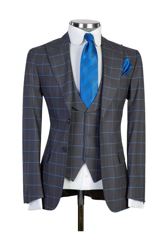 Dark Gray 3 Piece Luxurious Plaid Peaked Lapel Suit