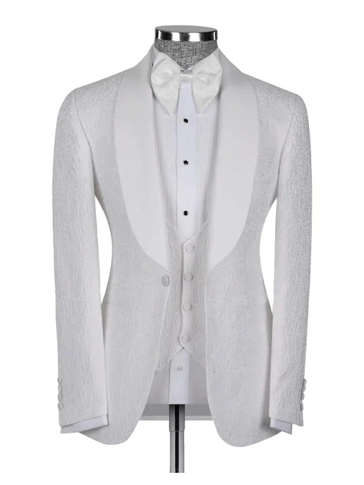 White Shawl Lapel Jacquard Wedding 3 Piece Suit