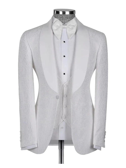 White Shawl Lapel Jacquard Wedding 3 Piece Suit