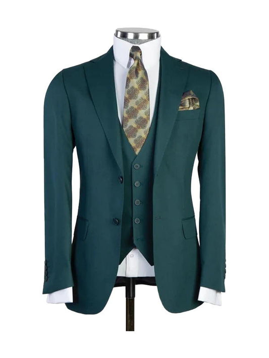 Green Classic Peak Lapel 3 Piece Suit