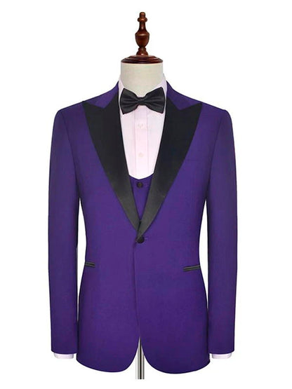 Purple Wedding Tuxedos Black Peak Lapel 3 Piece Suit