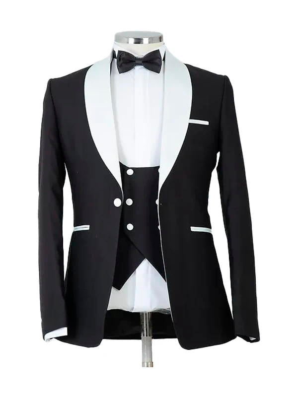 Black 3 Piece White Shawl Lapel Classic Suit