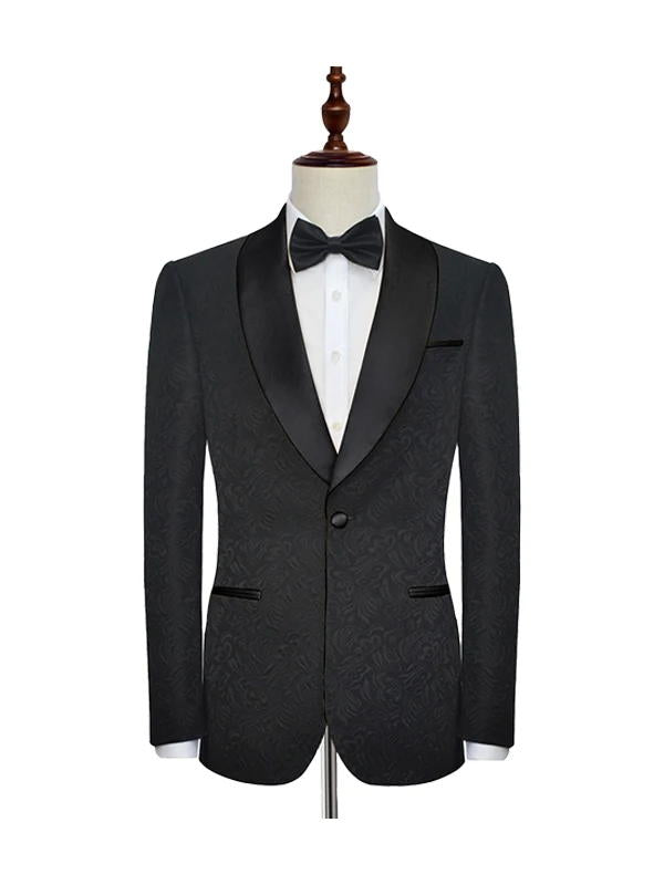 Black Shawl Lapel One Button Jacquard Wedding Tuxedo Suits