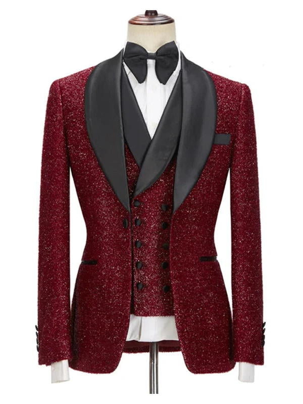 Red 3 Pieces Wedding Suit With Black Shawl Lapel