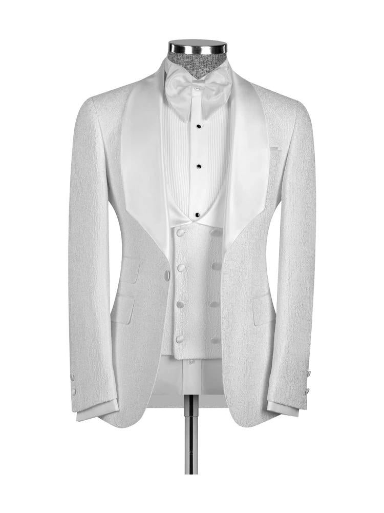 White 3 Piece Jacquard Slim Fit Shawl Lapel Wedding Suits with white lapel