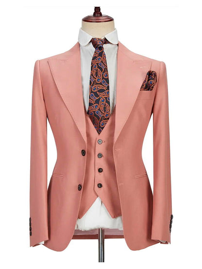 Pink Men’s Peak Lapel Solid Single Breasted Tuxedos 3 Pieces Suit