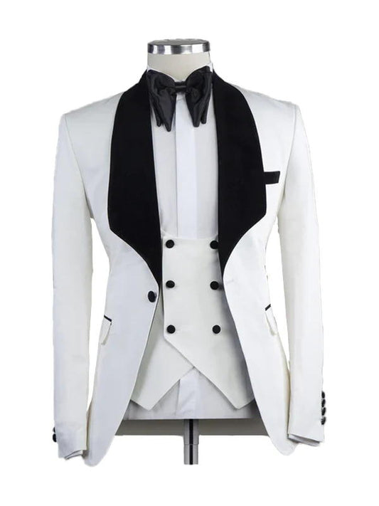 White 3 Piece With Black Satin Lapel Suits