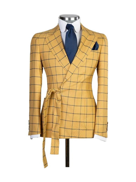 Yellow 2 Piece Fashion Belted Notch Lapel Plaid Suit