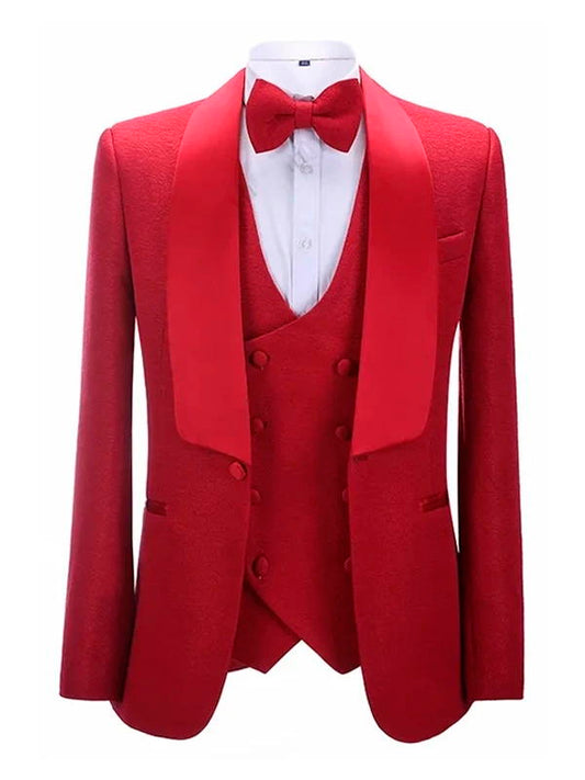 Red Shawl Lapel Slim Fit Wedding 3 Piece Suit