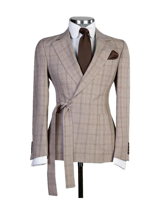 Brown 2 Piece Fashion Belted Peaked Lapel Plaid Suit