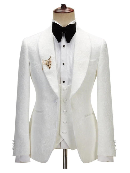 White Jacquard Shawl Lapel 3 Piece Wedding Suits