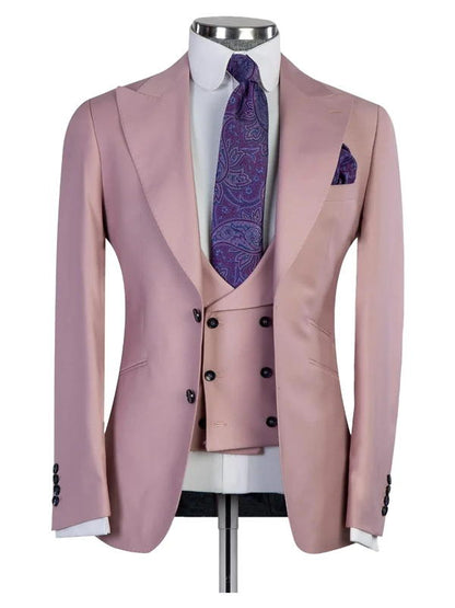 Pink Peaked Lapel 3 Pieces Men Suits