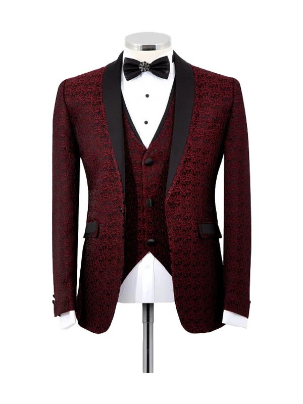 Burgundy Shawl Lapel Prom 3 Piece Tuxedo