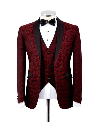 Burgundy Shawl Lapel Prom 3 Piece Tuxedo