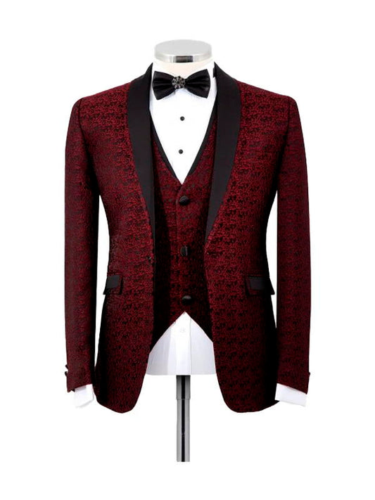 Burgundy Shawl Lapel Prom 3 Piece Tuxedo