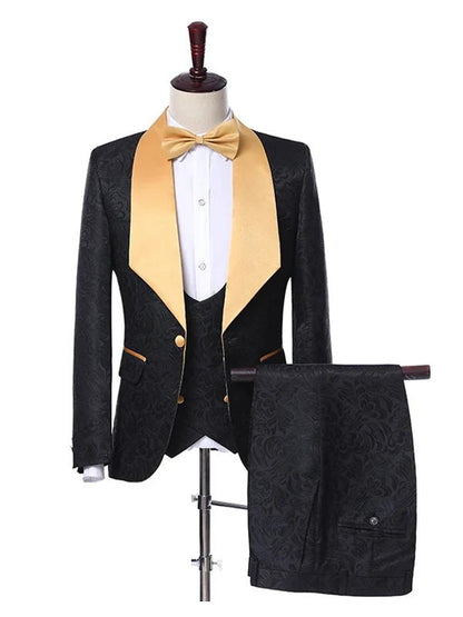 Black Jacquard Tuxedo 3 Piece Gold Shawl Lapel Suit