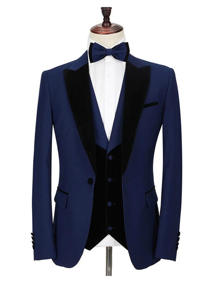 Dark Blue 3 Piece Peak Lapel Velvet Lapel Formal Suit