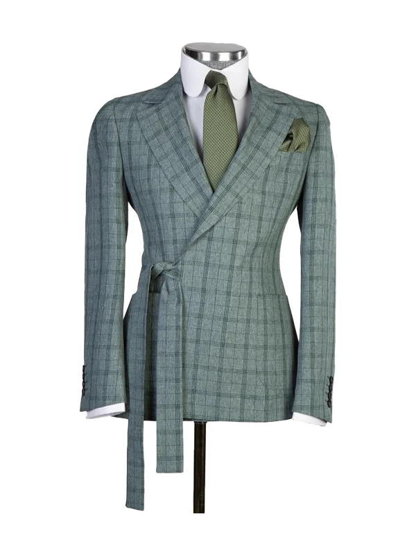 Grey 2 Piece Fashion Belted Notch Lapel Plaid Suit