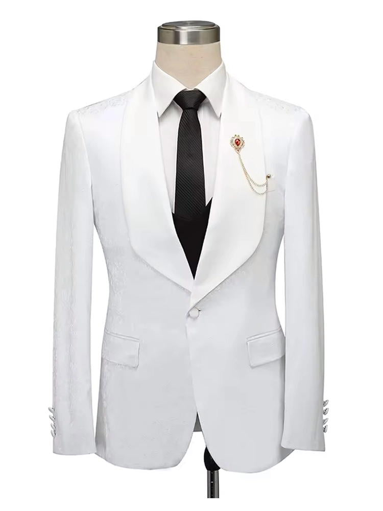 White Slim Fit Jacquard Shawl Lapel Wedding 3 Piece Suit