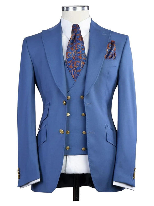 Blue Peak Lapel Men's 3 Piece Suit