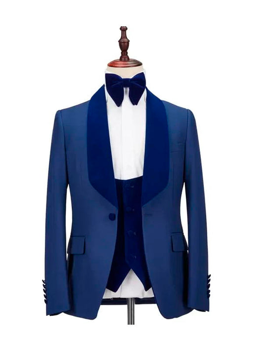 Royal Blue 3 Piece Velvet Shawl Lapel Royal Blue One Button Suits