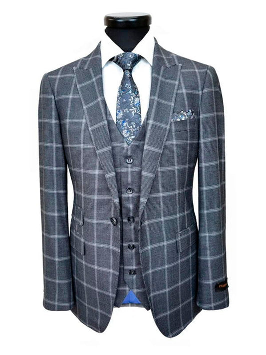 Grey 3 Piece Bespoke Taupe Plaid Slim Fit Suit