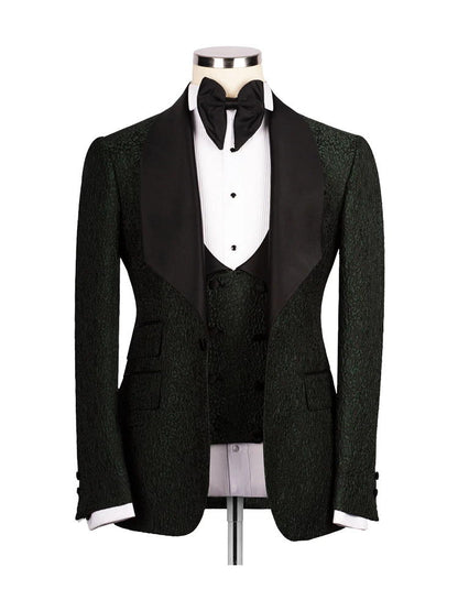 Dark Green 3 Piece Jacquard Slim Fit Shawl Lapel Wedding Suits