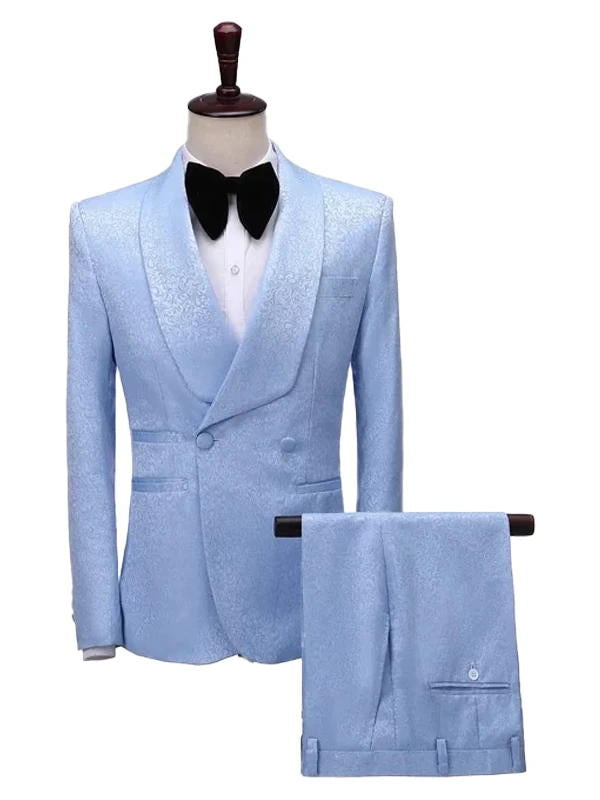 Sky Blue Shawl Lapel Double Breasted Wedding Groom Suit