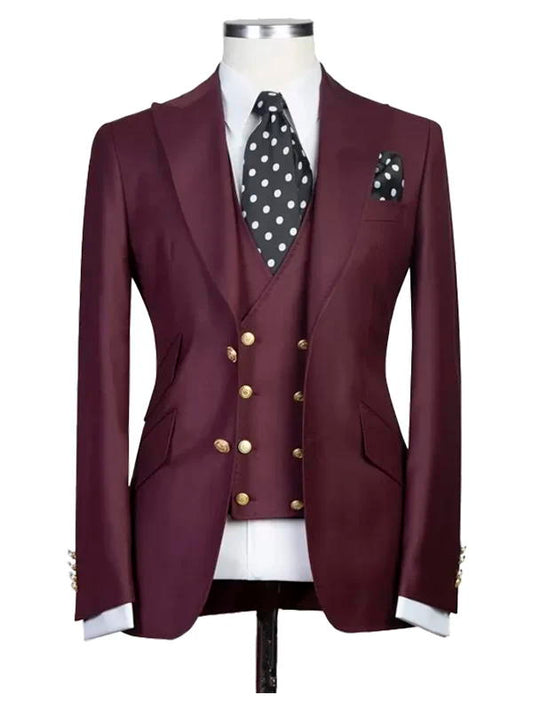 Burgundy Peak Lapel Men's 3 Piece Suit