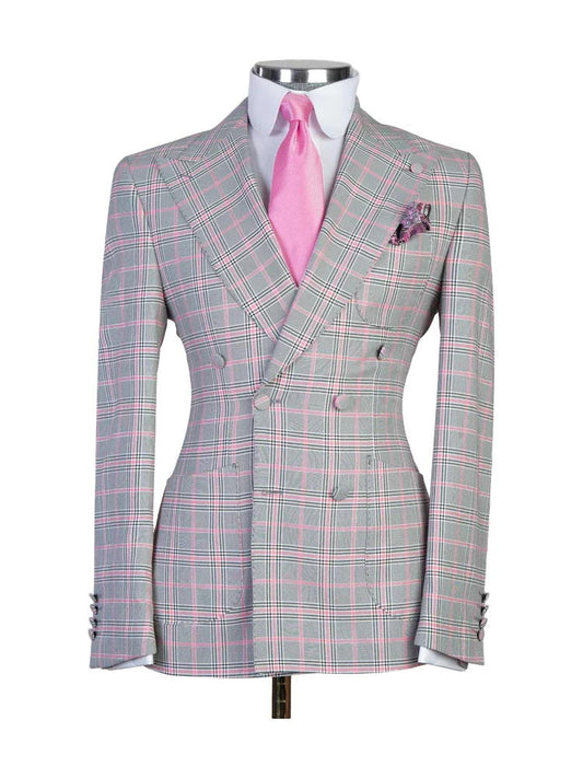 Grey Plaid Slim Fit Double Breasted Suit