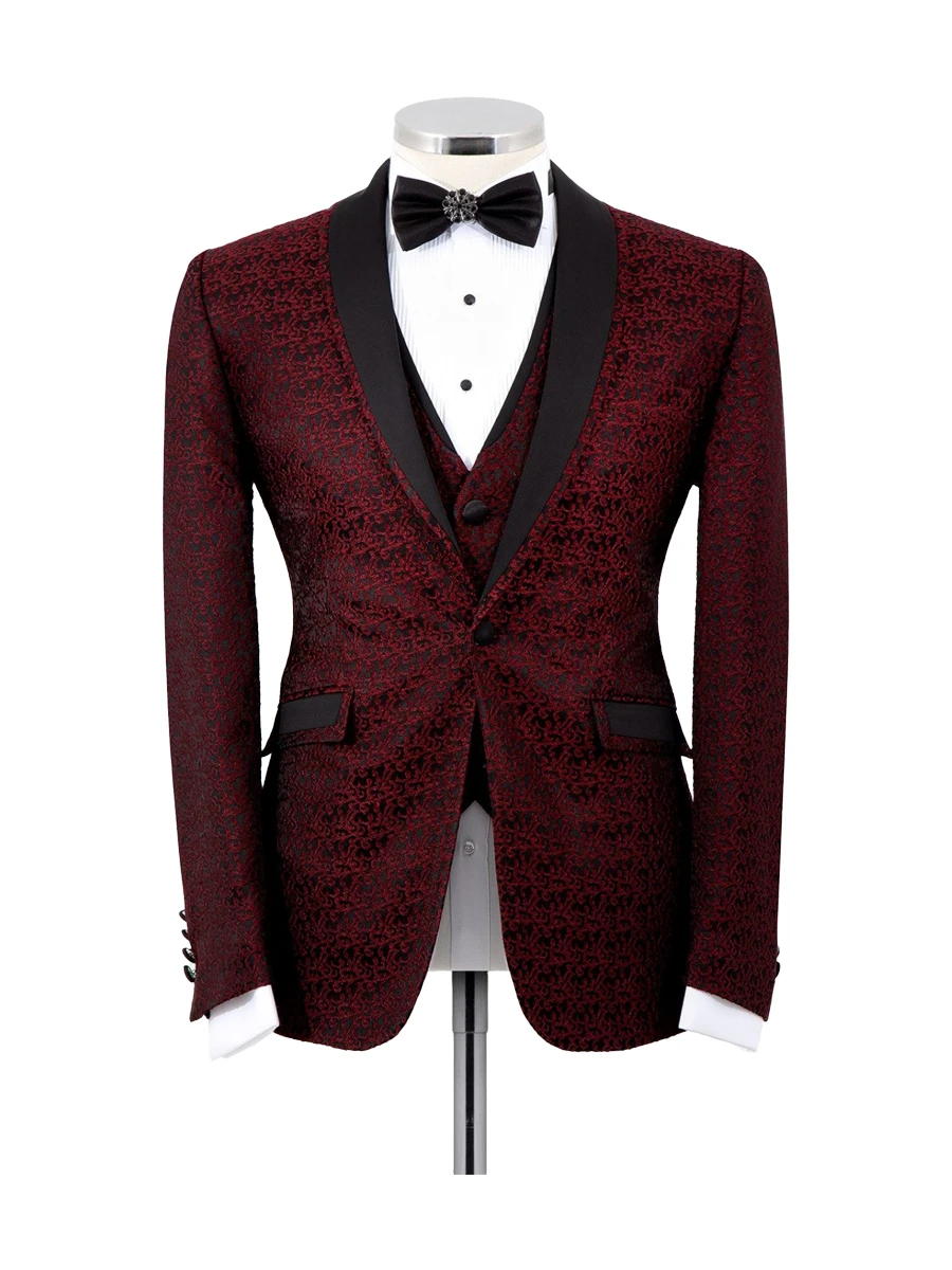 Burgundy Shawl Lapel Prom 3 Piece Tuxedo