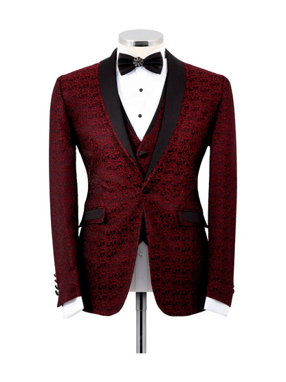 Burgundy Shawl Lapel Prom 3 Piece Tuxedo