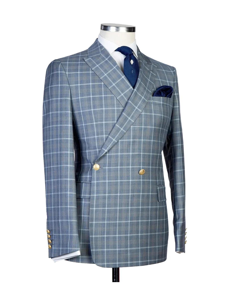 Blue 2 Piece Checked Double Breasted Peak Lapel Suit