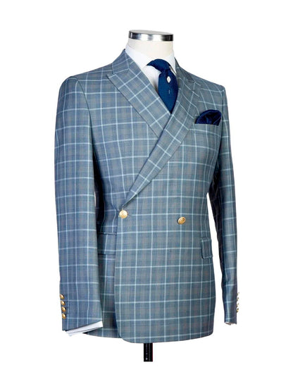 Blue 2 Piece Checked Double Breasted Peak Lapel Suit