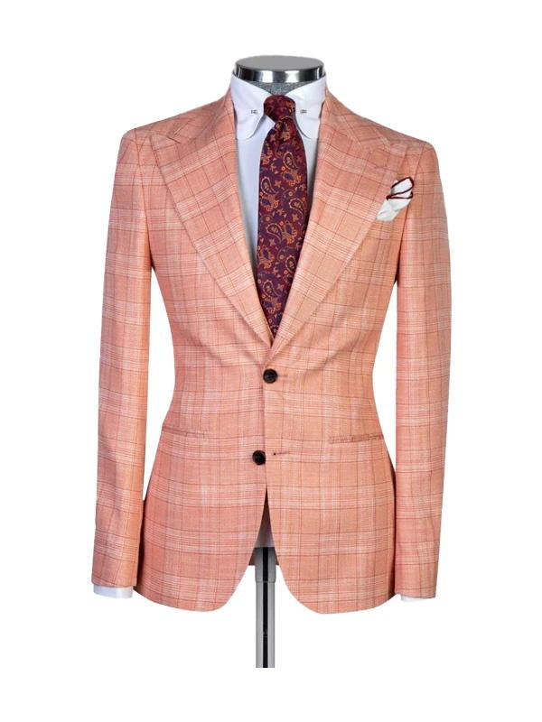 Orange Plaid Peak Lapel Single Breasted 3 Pieces Suits